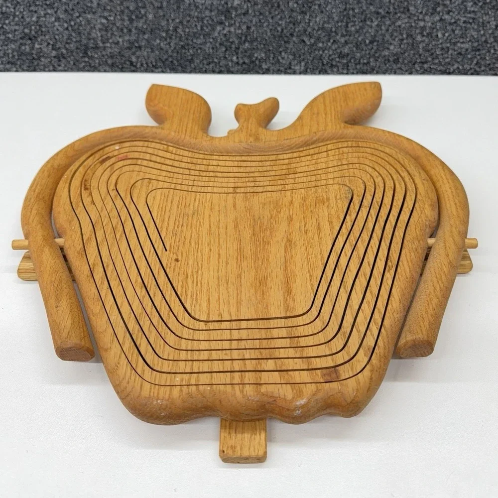 Collapsible Wooden Apple Fruit Bowl Basket Stand‎ Handle Rustic Farmhouse Decor